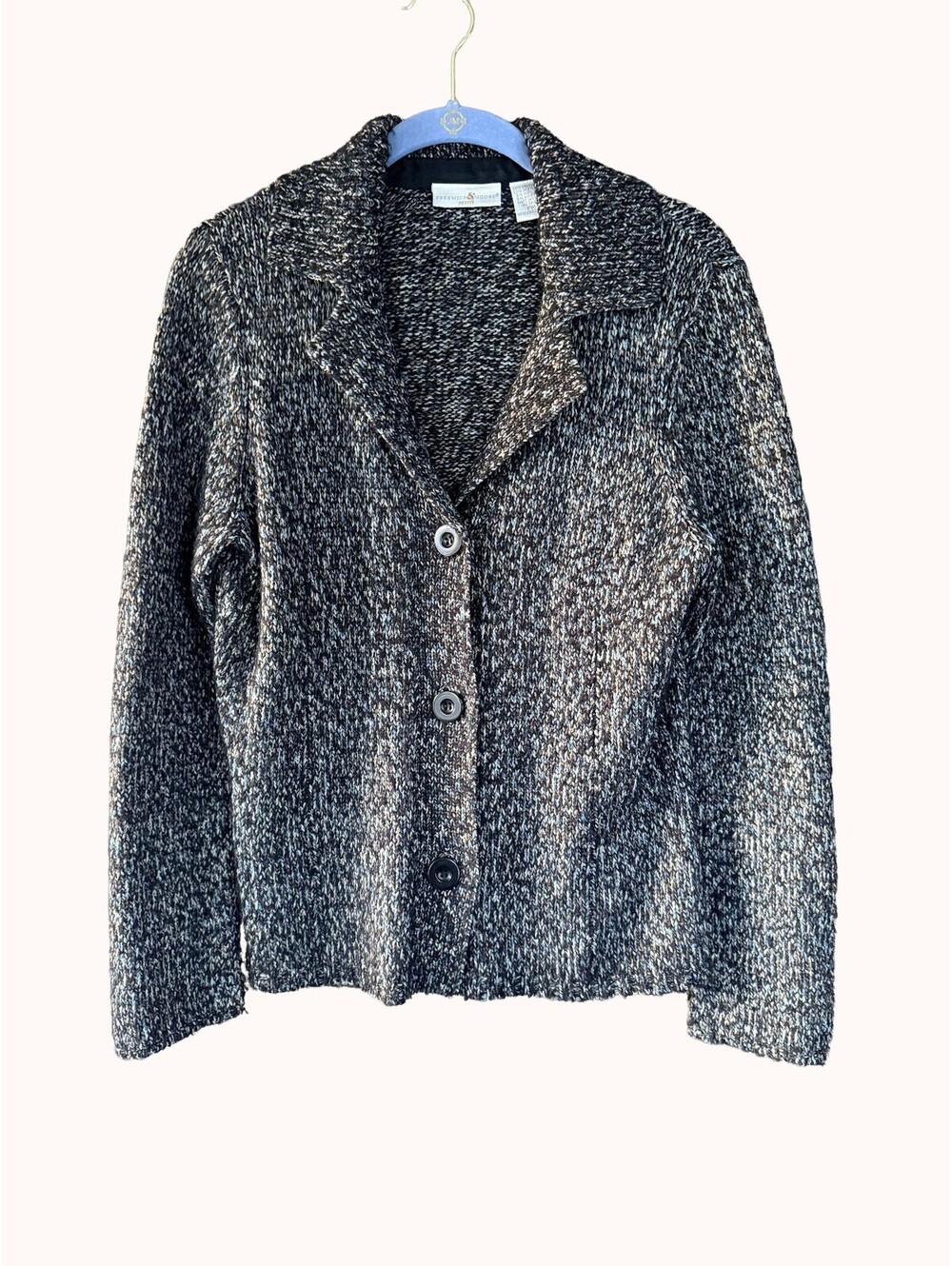 Marled Knit Sweater Blazer Cardigan Blue Gray Button Front Petite M Y2K